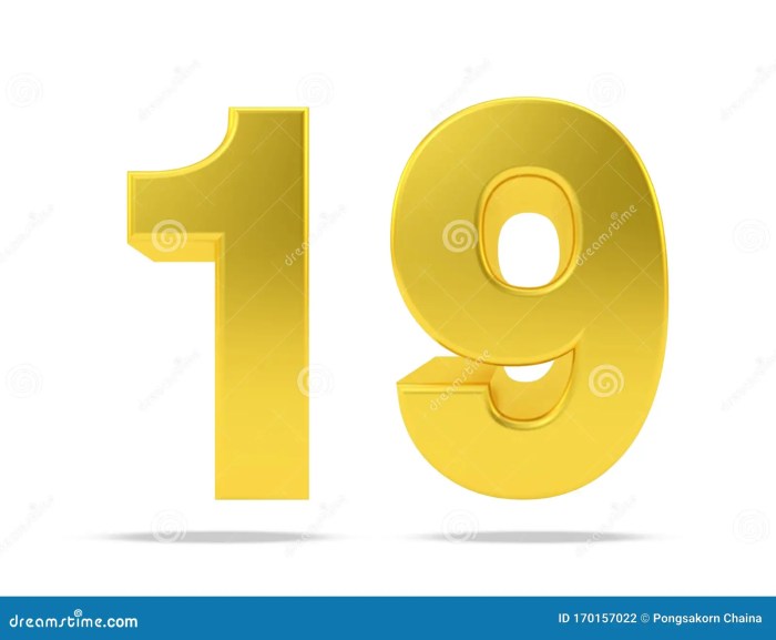 Gold Metal Number 19 Nineteen Isolated On White Background, 3d ... Gold Metal Number 19 Nineteen Isolated On White Background, 3d ...